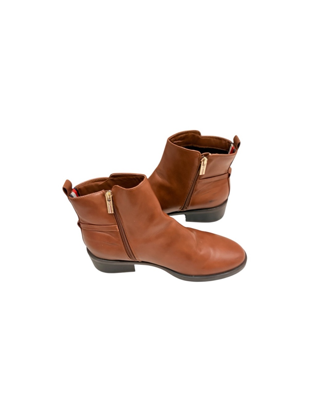 Tommy Hilfiger Brown Round Toe Slip-On Ankle Boot 1” Stack Heel Side Zip 9.5M
